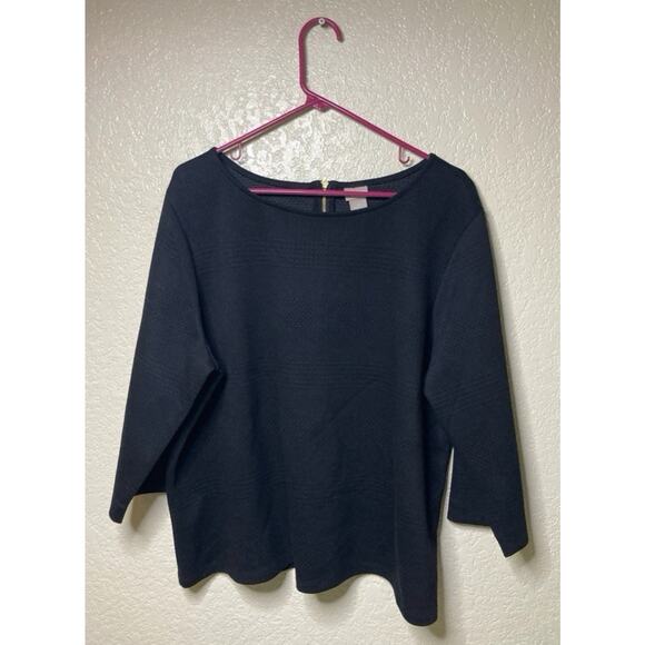 Chico’s 2 Geometric Textured Top US Large 3/4 Sleeve Black Zipper Back Blouse - Picture 1 of 8